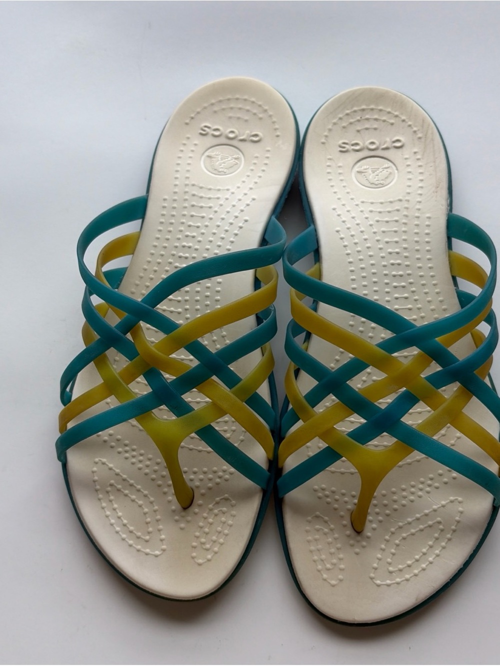 CROCS Teal and Yellow Strappy Woven Slide Sandals w9